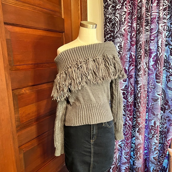 ChicWish S/M Grey Fringe Off Shoulder Sweater - Cozy and Romantic! - Picture 1 of 6